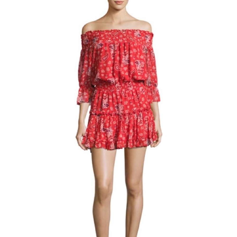 Red Bandana Smocked off the shoulder mini dress